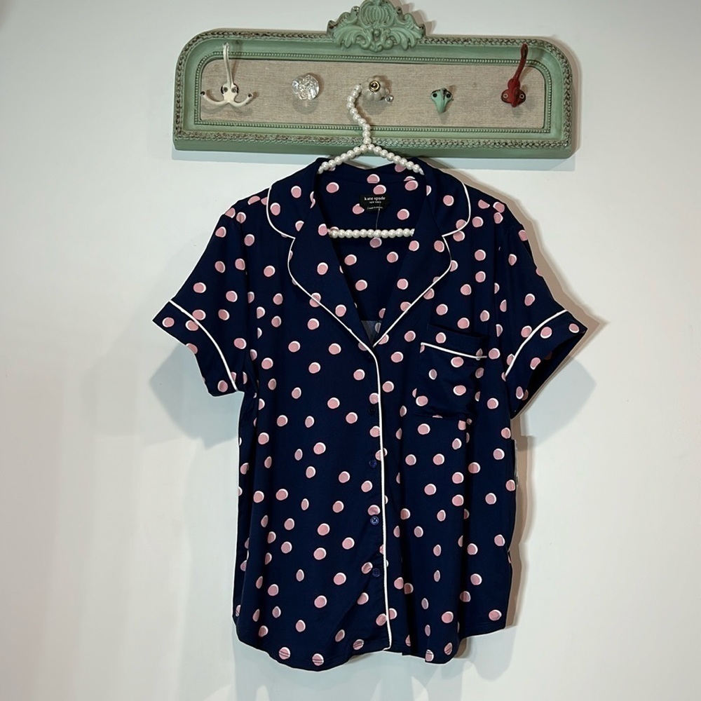 New Kate Spade, navy pink polkadot short sleeve, button-down shirt large